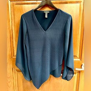 Alfani Navy V-Neck Blouse with Sheer Sleeves